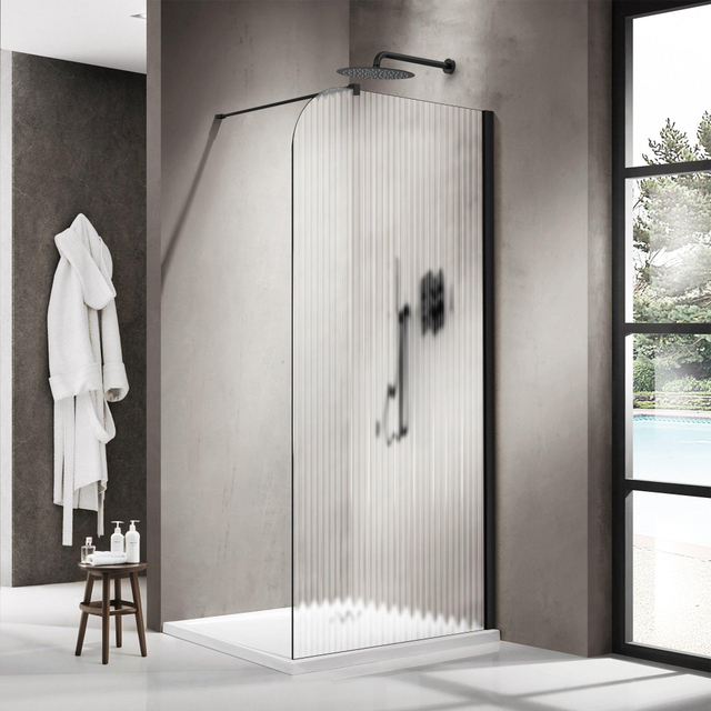 Fortifura Galeria Inloopdouche - 140x200cm - afgeronde glaswand - rechts - ribbel glas - wandarm - mat zwart SW1421079/SW797905