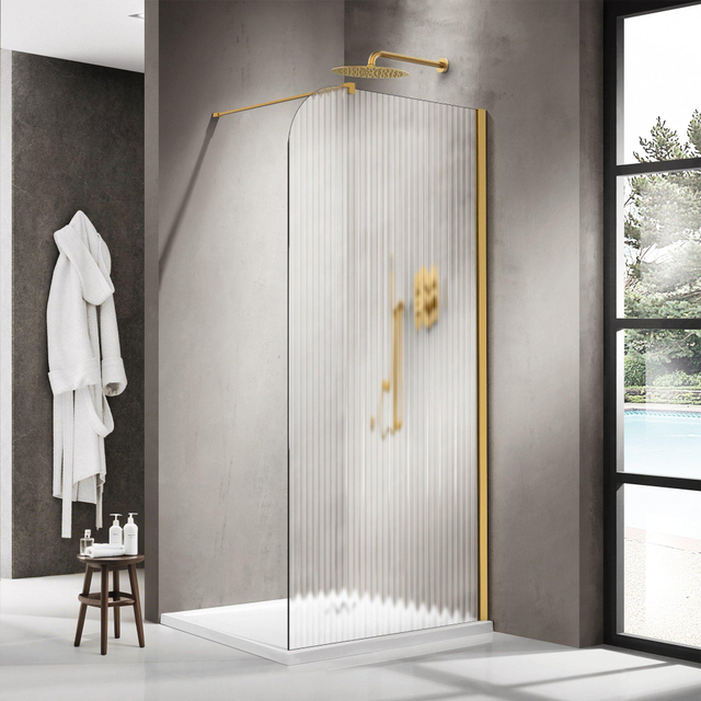 Fortifura Galeria Inloopdouche - 140x200cm - afgeronde glaswand - rechts - ribbel glas - wandarm - geborsteld messing PVD (Goud) SW1421079/SW797910