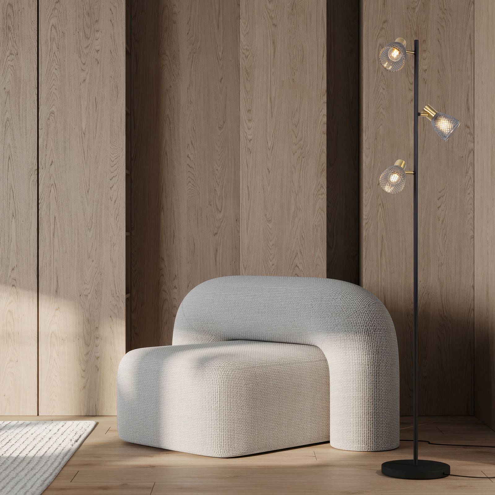 Naeve Leuchten Näve Vloerlamp Lindita, 3-lamps, glas, ijzer, rookgrijs, E14