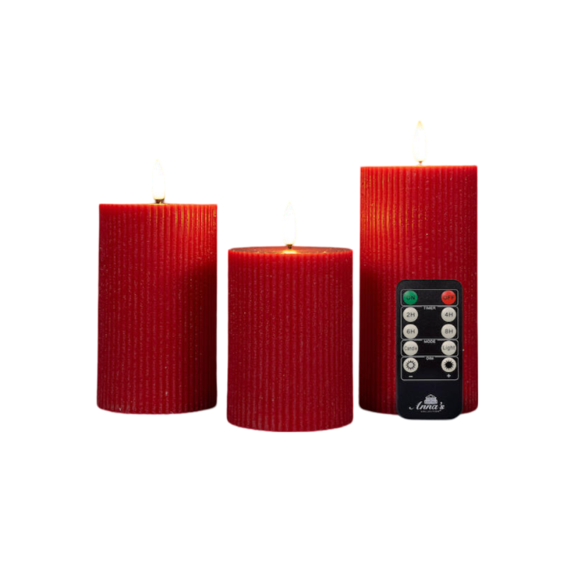 Annas collection Stompkaars ribbel wax led 3d vlam op batterij met afstandbediening set van 3 d7.5h10/12.5/15 cm rood Anna's Collection - 