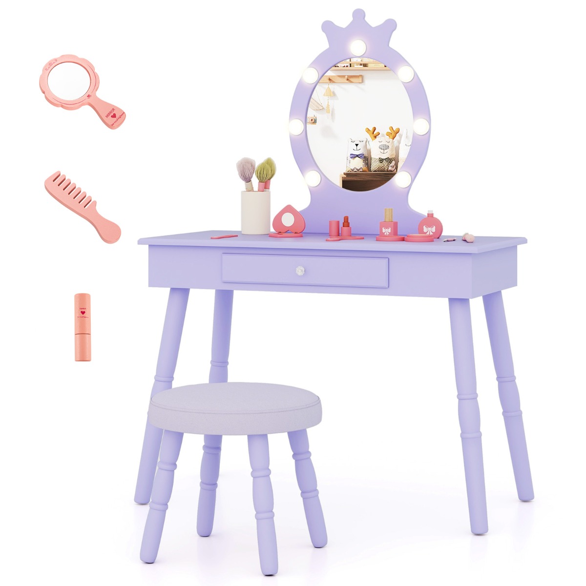 Costway 2-in-1 Prinsessenkaptafel met Afneembare Spiegel en Lades Kinderkaptafel Paars
