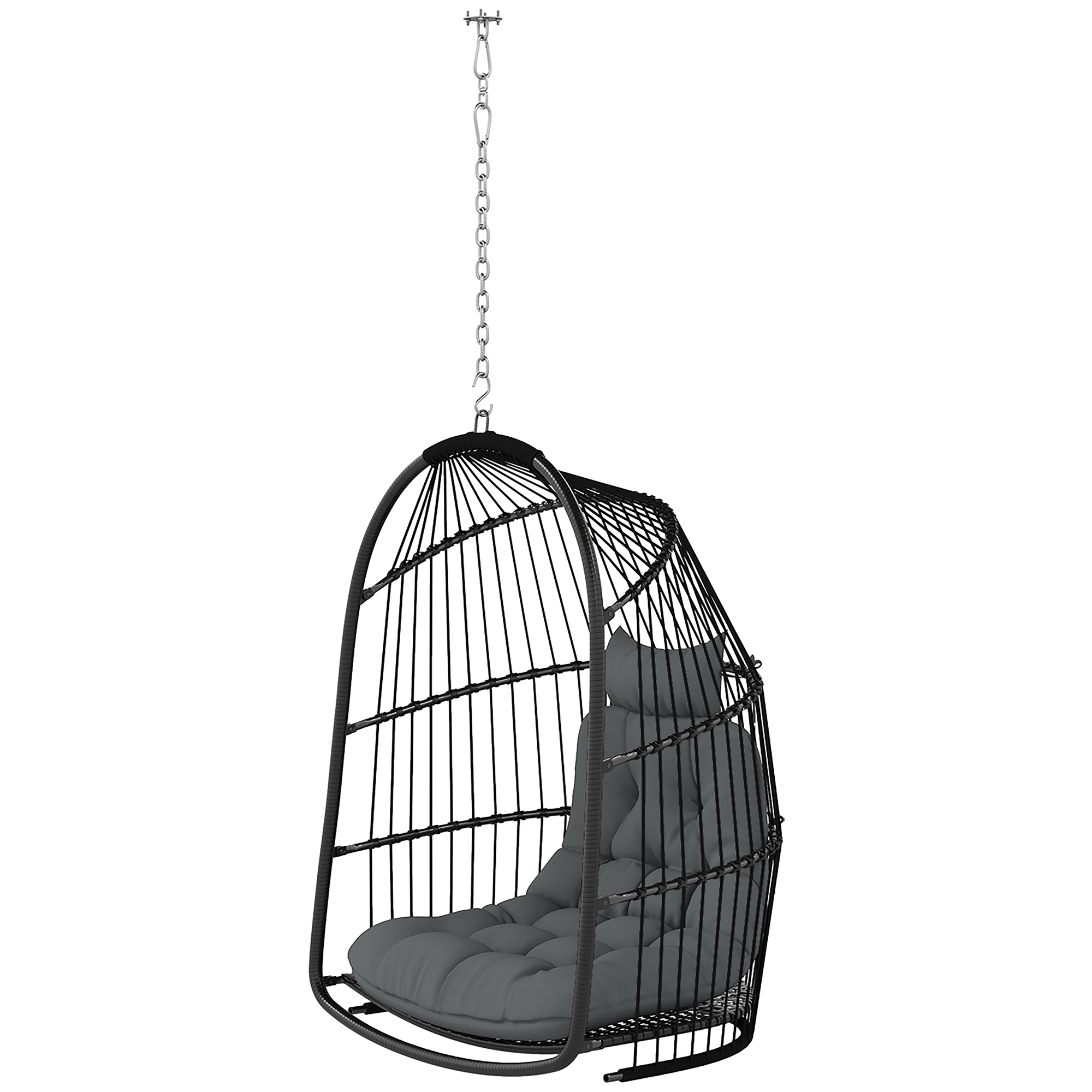 Outsunny Hangstoel Hangkorf met Kussen van Polyrattan, Schommel voor Binnen en Buiten, inklapbaar, belastbaar tot 150kg - Donkergrijs