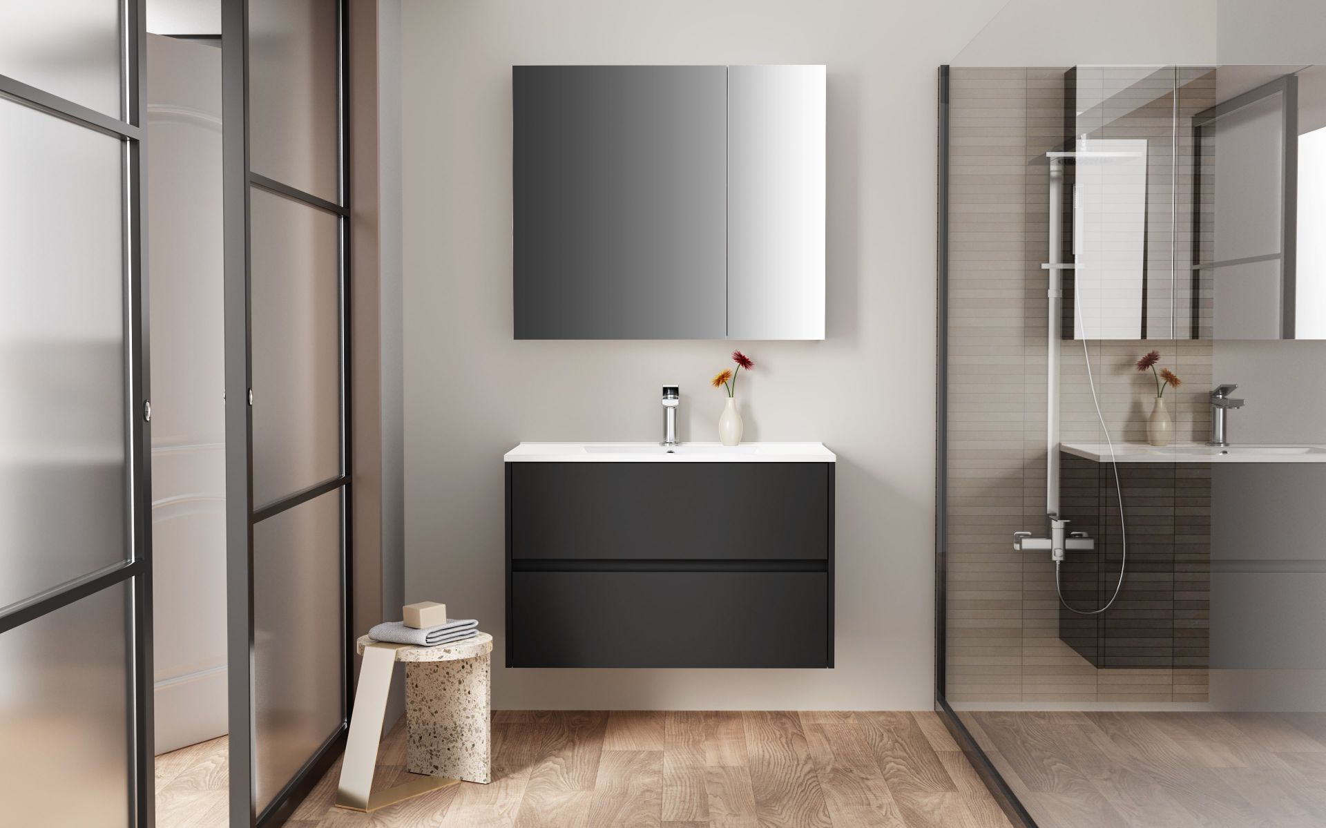 <QuerySet [<AttributeOption: Creavit>]> Aloni Spiegelkast 2 deuren mat zwarte ombouw 60 x 70 x 15 cm