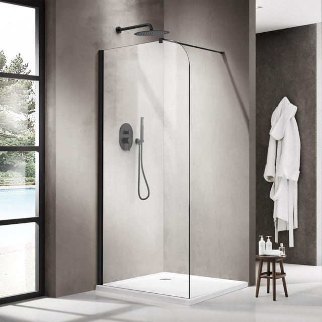 Fortifura Galeria Inloopdouche - 90x200cm - afgeronde glaswand - helder glas - wandarm - mat zwart SW1418379/SW797905