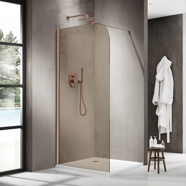 Fortifura Galeria Inloopdouche - 100x200cm - afgeronde glaswand - rook glas - wandarm - geborsteld koper PVD SW1418365/SW876702
