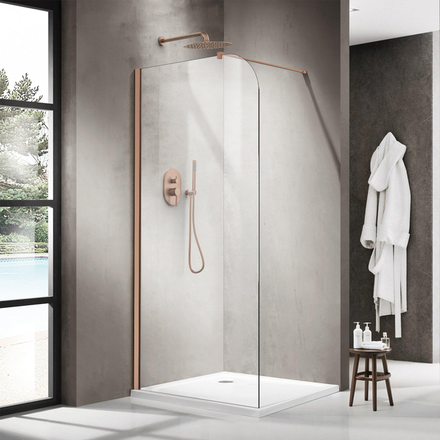 Fortifura Galeria Inloopdouche - 100x200cm - afgeronde glaswand - helder glas - wandarm - geborsteld koper PVD SW1418380/SW876702