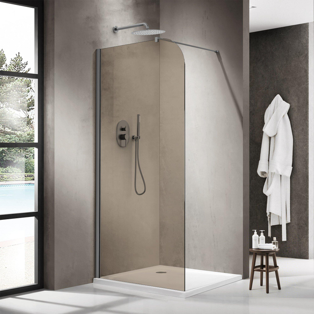 Fortifura Galeria Inloopdouche - 110x200cm - afgeronde glaswand - rook glas - wandarm - geborsteld gunmetal PVD SW1418366/SW797907