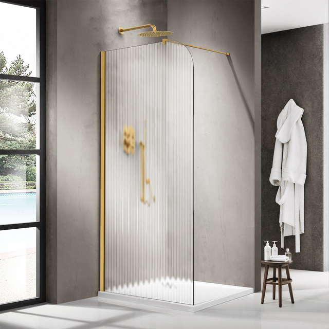 Fortifura Galeria Inloopdouche - 120x200cm - afgeronde glaswand - links - ribbel glas - wandarm - geborsteld messing PVD (Goud) SW1418372/SW797910