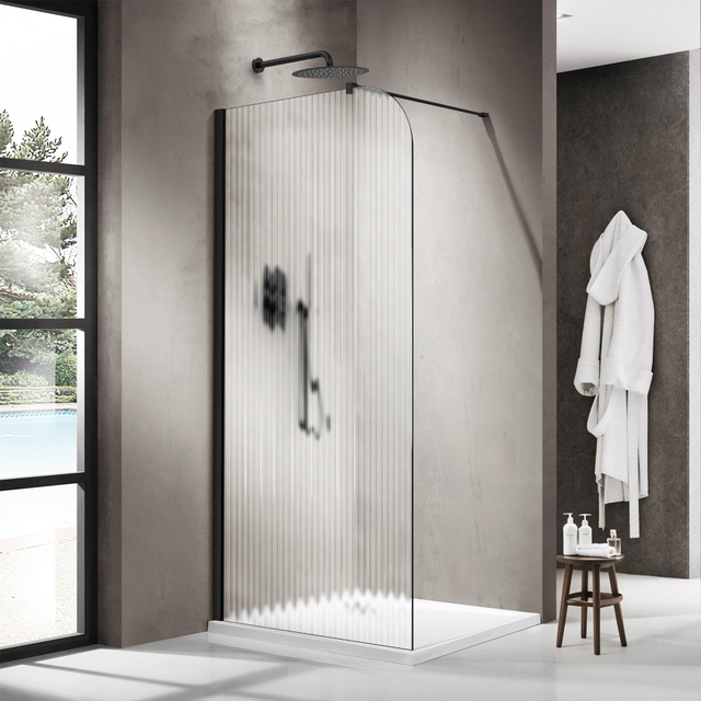 Fortifura Galeria Inloopdouche - 120x200cm - afgeronde glaswand - links - ribbel glas - wandarm - mat zwart SW1418372/SW797905