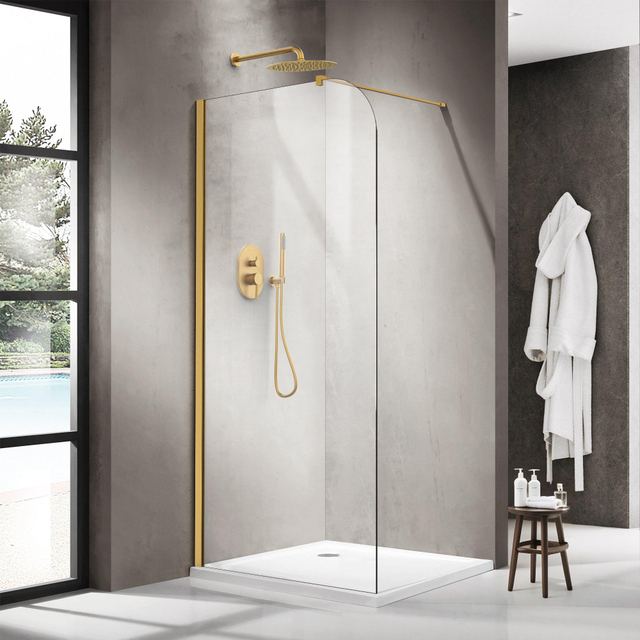 Fortifura Galeria Inloopdouche - 140x200cm - afgeronde glaswand - helder glas - wandarm - geborsteld messing PVD (Goud) SW1418383/SW797910