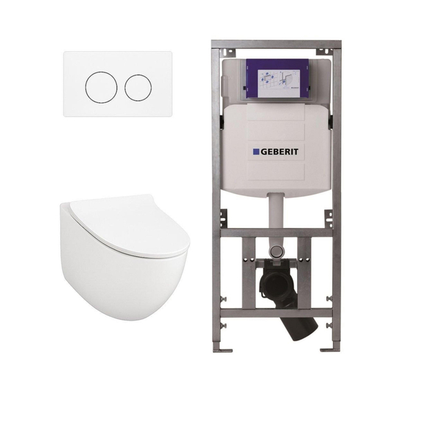QeramiQ Salina 2.0 Toiletset - Inbouwreservoir met Geberit UP320 spoelmechanisme - softclose toiletzitting - glans wit bedieningsplaat - ronde knoppen - wit glans SW1247815/SW1381697/SW706186