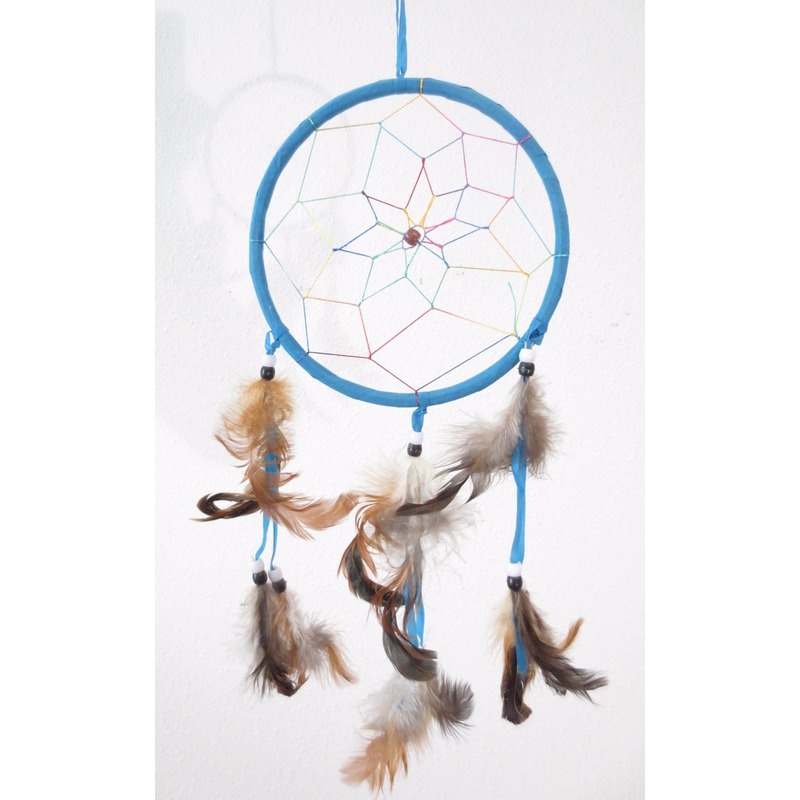 Merkloos Droomvanger - luxe kwaliteit - met veren - blauw - D16 x cm - dromenvanger -