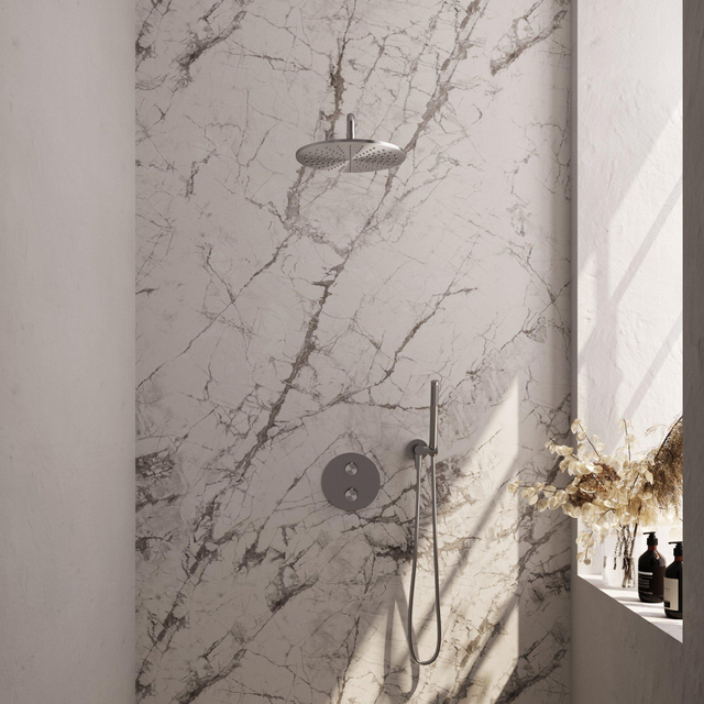 Brauer Brushed Edition thermostatische Inbouw Regendouche - 3-weg - rond - set 76 - 30cm hoofddouche - gebogen muurarm - staaf handdouche - doucheslang - wandaansluitbocht - RVS geborsteld PVD 5-NG-27