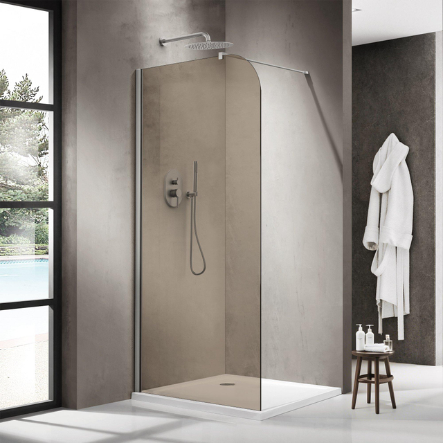 Fortifura Galeria Inloopdouche - 100x200cm - afgeronde glaswand - rook glas - wandarm - geborsteld RVS PVD (RVS) SW1420861