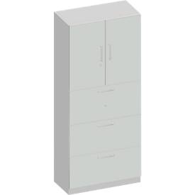 Schäfer Shop Genius TETRIS SOLID combi-kast, 2 legborden achter 2 deuren + 3 HM-laden, B 800 x D 413 x H 2239 mm, lichtgrijs/blank alu