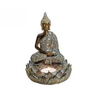 Bellatio Boeddha beeld bruin met theelichthouder 15 cm