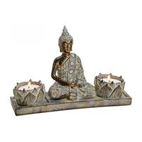 Bellatio Boeddha beeld bruin met 2 theelichthouder 20 cm
