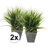 Bellatio 2x Groene grasplant kunstplant in zinken pot 30 cm Groen