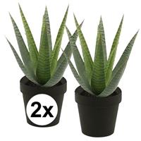 Bellatio 2x Kunstplant aloe vera groen in zwarte pot 23 cm Groen