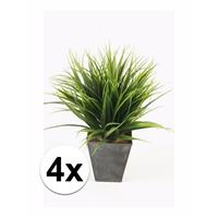 Bellatio 4x stuks Grass Bush kunstplanten in zinken pot 30 cm Groen