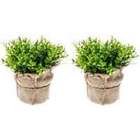 Bellatio 2x Kunstplanten tuinkers kruiden groen in jute pot 16 cm Groen