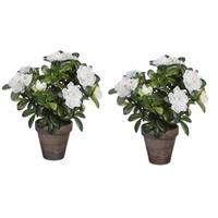 Mica Decorations 2x Groene Azalea kunstplant witte bloemen 27 cm in pot stan grey Groen