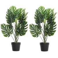 Shoppartners 2x Groene Monstera/gatenplant kunstplant 80 cm in zwarte pot Groen