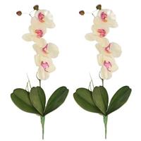 Bellatio 2x Wit/Roze Orchidee/Phalaenopsis kunstplanten 44 cm voor binnen Wit