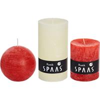 Candles by Spaas 3x Ivoorwitte/rode rustieke stompkaarsen en bolkaars set Multi