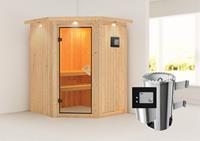 Karibu | Nanja Sauna met Dakkraag | Bronzeglas Deur | Kachel 3,6 kW Externe Bediening