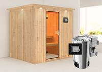 Karibu | Daria Sauna met Dakkraag | Bronzeglas Deur | Biokachel 3,6 kW Externe Bediening