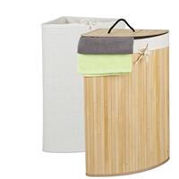 relaxdays Eckwäschekorb Bambus, faltbarer Wäschesammler mit Deckel, 60 Liter, 2 Wäschesäcke, 66 x 49,5 x 37 cm, natur
