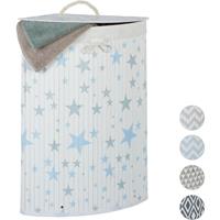 relaxdays Eckwäschekorb Bambus, faltbare Wäschebox 60 l, mit Deckel, Sterne, Wäschesack, 65,5 x 49,5 x 37 cm, weiß-blau