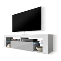 selsey BIANKO - TV-Lowboard stehend in Weiß Matt/Grau Hochglanz mit Klappe und LED-Beleuchtung, 140 cm