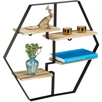 relaxdays Hexagon Regal für die Wand, 4 Ablagen, Holz & Eisen, sechseckiges Wandregal HBT 52x60x12 cm, schwarz/natur - 