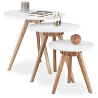 relaxdays Beistelltisch 3er Set, Tischbeine aus Walnuss-Holz, weiße Tischplatte 50, 40 und 32 cm, im nordischen Design, weiß / natur - 
