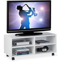 relaxdays TV Board mit 4 Fächern, mit Rollen, für CDs, DVDs & Konsole, Phonotisch für Wohnzimmer, HBT 35x80x35 cm, weiß - 