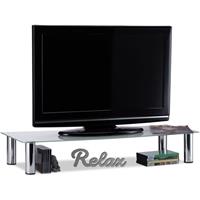 relaxdays TV-Tisch Glas, verchromte Metallbeine, Bildschirmerhöhung, rechteckig, Glasaufsatz, 100x35x17 cm, weiß/silber - 