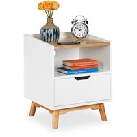 relaxdays Nachttisch mit Holzbeinen, skandinavisches Design, Schublade, offenes Fach, Betttisch 50 x 43 x 40 cm, weiß