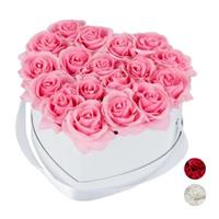 Relaxdays Weiße Rosenbox Herz mit 18 Rosen rosa