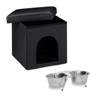 Relaxdays 2er Set Home Sweet Hund Hundebox Sitzhocker mit Tierhöhle Doppelnapf Futternapf schwarz