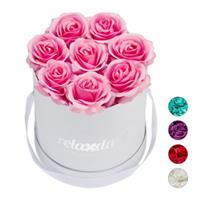 Relaxdays Weiße Rosenbox rund mit 8 Rosen rosa