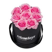 Relaxdays Schwarze Rosenbox rund mit 8 Rosen rosa