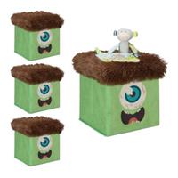 Relaxdays 4 x Sitzhocker Kinder, Sitzbox grün-braun, Spielzeugkiste Falthocker Monster