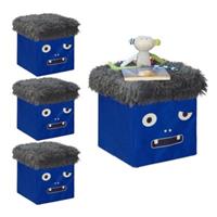 Relaxdays 4x Sitzhocker Kinder, Aufbewahrungsbox Spielzeug, Sitzwürfel Hocker Monster blau