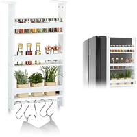 relaxdays Hängeregal für Kühlschrank, Aufbewahrung von Gewürzen, mit Küchenreling & 5 Haken, MDF, HBT: 74x42x20 cm, weiß