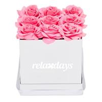 Relaxdays Weiße Rosenbox eckig mit 9 Rosen rosa