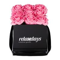 Relaxdays Schwarze Rosenbox eckig mit 9 Rosen rosa