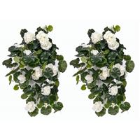 2x Witte Geranium Kunstplant Hangplant 70 Cm - Kunstplanten/nepplanten - Hangplanten