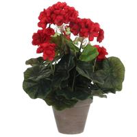 Geranium Kunstplant Rood In Keramieken Pot H34 X D20 Cm - Kunstplanten/nepplanten Met Bloemen